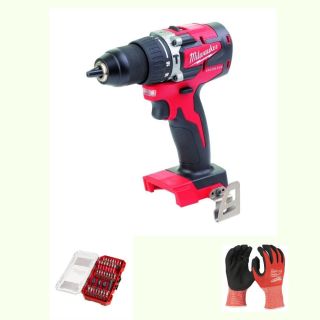 Masina de gaurit si insurubat cu percutie Milwaukee M18 CBLPD-0X, fara acumulator + set biti si manusi de protectie